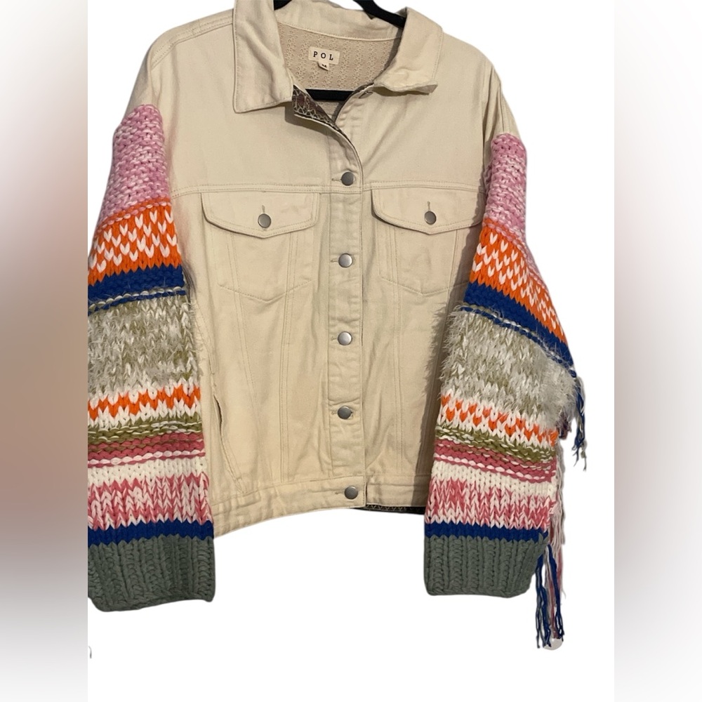 POL Cream Jean Jacket knitted Multicolor Sleeves with fringe